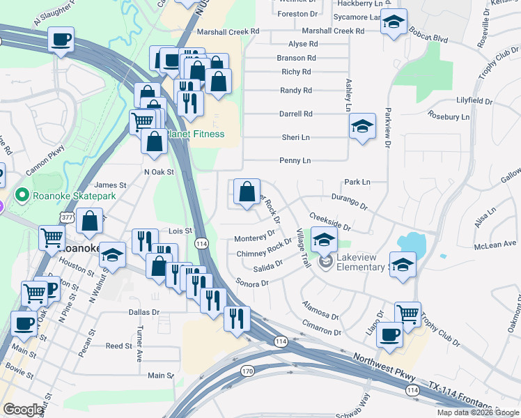 map of restaurants, bars, coffee shops, grocery stores, and more near 104 Rolling Rock Drive in Trophy Club