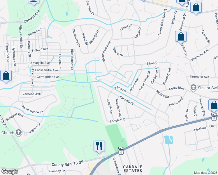 map of restaurants, bars, coffee shops, grocery stores, and more near 305 Farmhill Drive in Summerville
