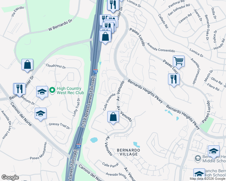map of restaurants, bars, coffee shops, grocery stores, and more near 16003 Caminito De Linda in San Diego