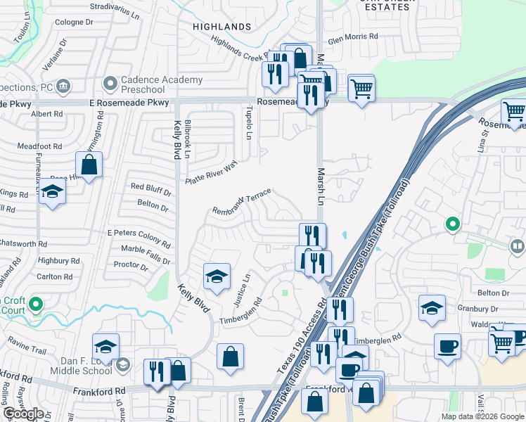 map of restaurants, bars, coffee shops, grocery stores, and more near 2720 Gainesborough Drive in Dallas