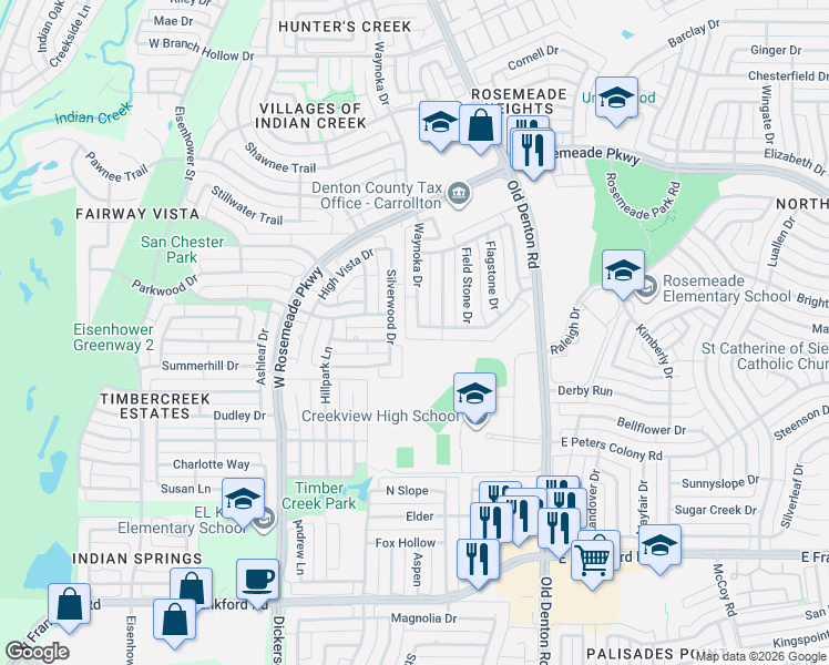 map of restaurants, bars, coffee shops, grocery stores, and more near 1045 Creek Bend in Carrollton