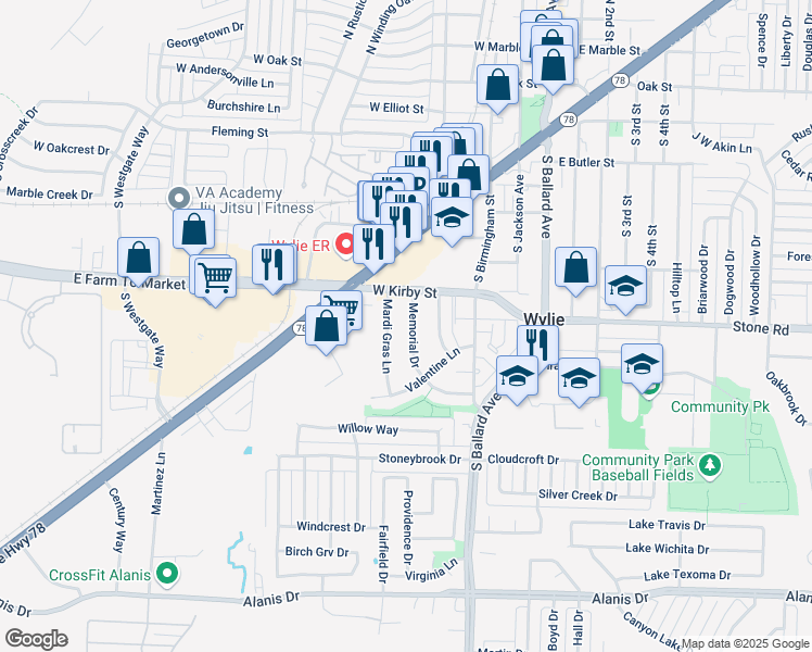 map of restaurants, bars, coffee shops, grocery stores, and more near 900 Memorial Drive in Wylie
