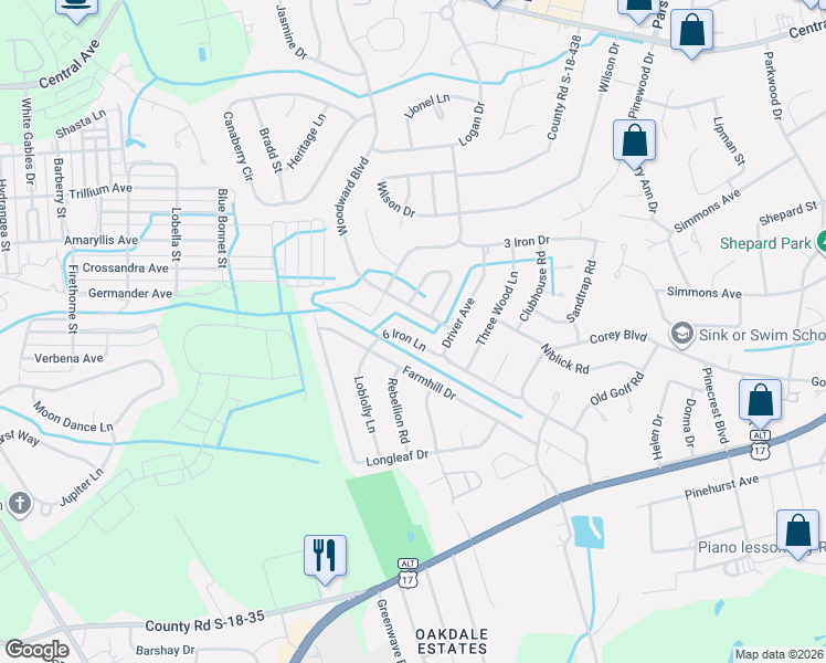 map of restaurants, bars, coffee shops, grocery stores, and more near 104 Woodward Boulevard in Summerville