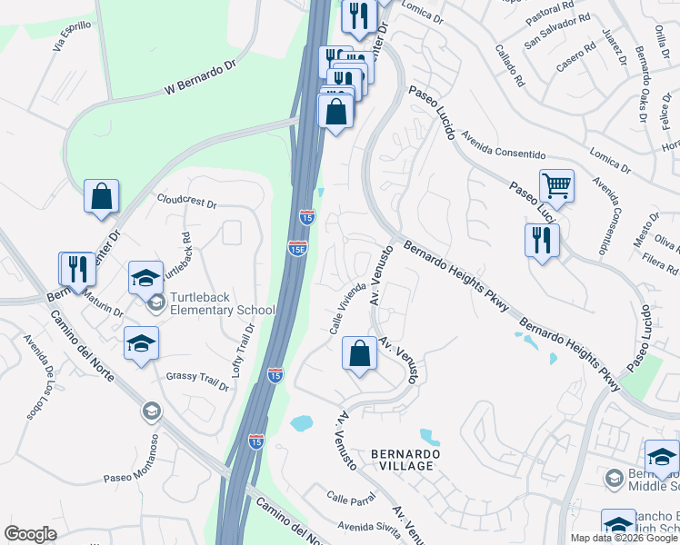 map of restaurants, bars, coffee shops, grocery stores, and more near 16023 Caminito De Las Noches in San Diego