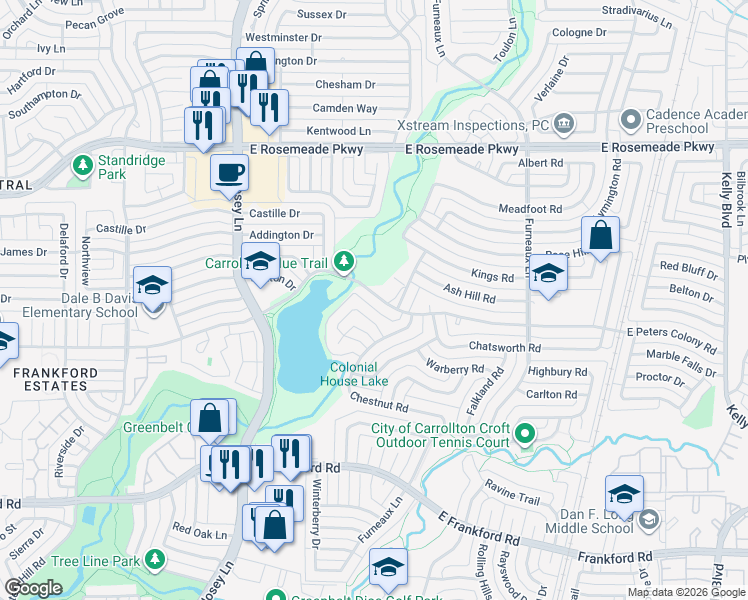 map of restaurants, bars, coffee shops, grocery stores, and more near 2015 East Peters Colony Road in Carrollton