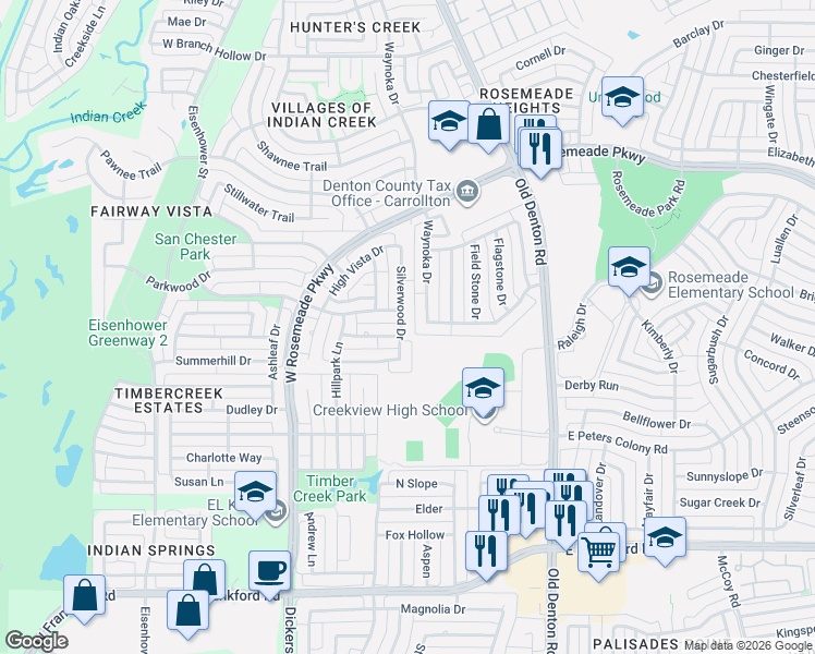 map of restaurants, bars, coffee shops, grocery stores, and more near 1045 Creek Bend in Carrollton