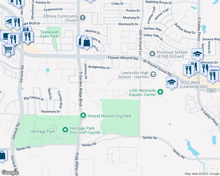 map of restaurants, bars, coffee shops, grocery stores, and more near 300 Petunia Drive in Flower Mound