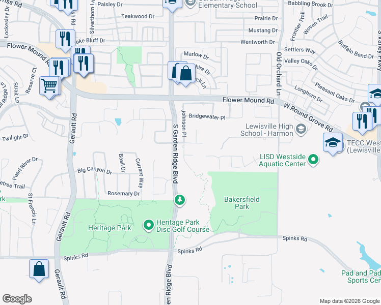 map of restaurants, bars, coffee shops, grocery stores, and more near 404 Winfield Circle in Flower Mound