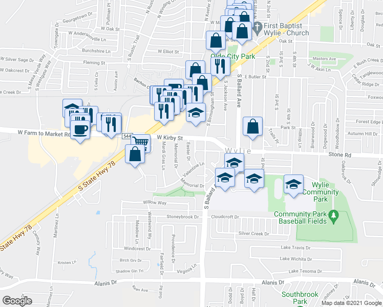 map of restaurants, bars, coffee shops, grocery stores, and more near 901 Easter Drive in Wylie