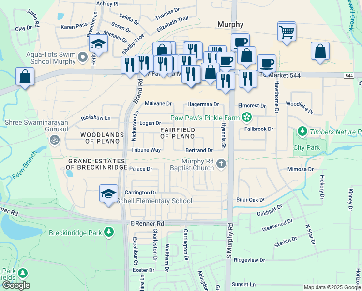 map of restaurants, bars, coffee shops, grocery stores, and more near 1005 Coolidge Street in Plano