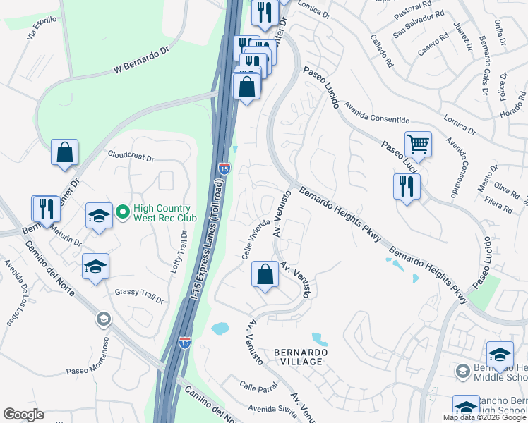 map of restaurants, bars, coffee shops, grocery stores, and more near 16007 Caminito De Linda in San Diego