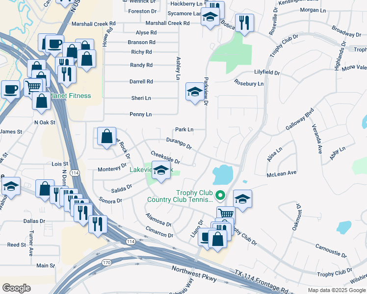 map of restaurants, bars, coffee shops, grocery stores, and more near 207 Durango Drive in Trophy Club