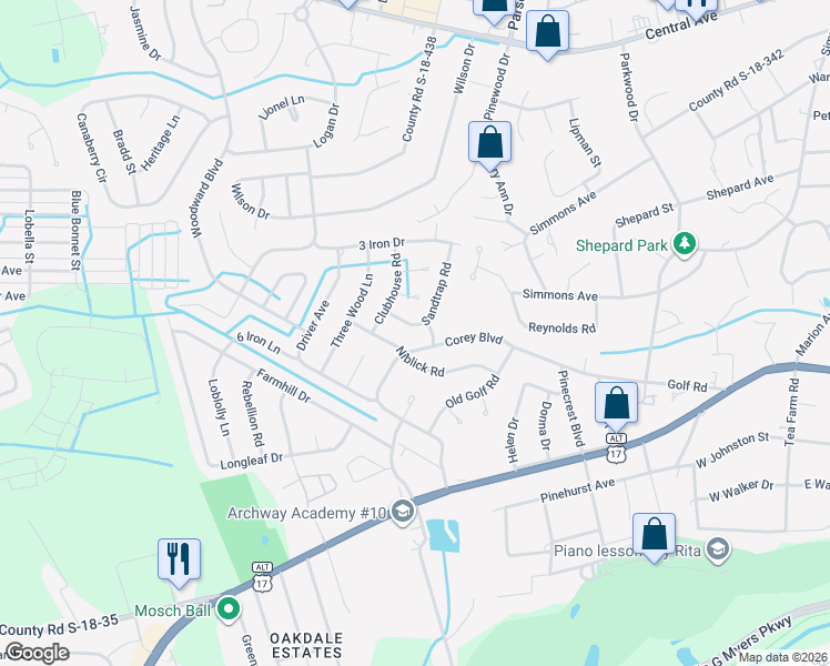 map of restaurants, bars, coffee shops, grocery stores, and more near 203 Niblick Road in Summerville