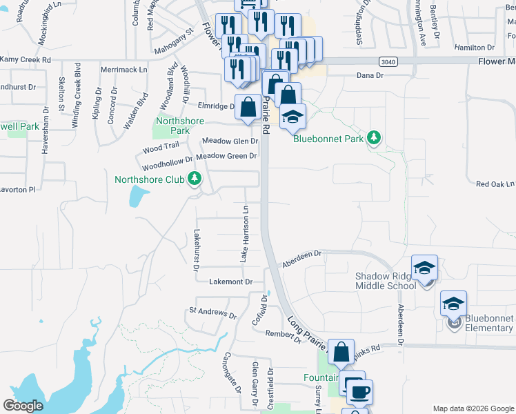 map of restaurants, bars, coffee shops, grocery stores, and more near 2701 Lake Flower Drive in Flower Mound