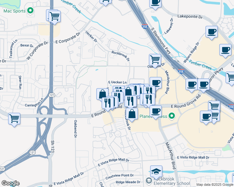 map of restaurants, bars, coffee shops, grocery stores, and more near 2329 Caroline Court in Lewisville