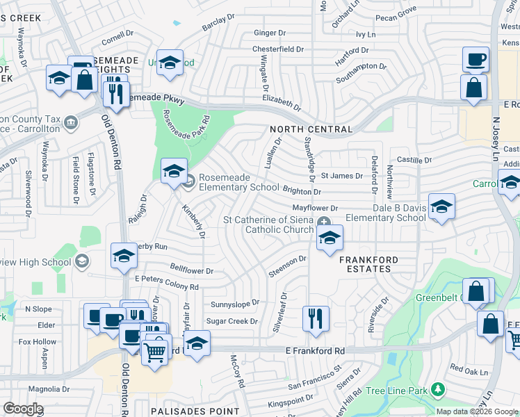 map of restaurants, bars, coffee shops, grocery stores, and more near 1603 Walker Drive in Carrollton