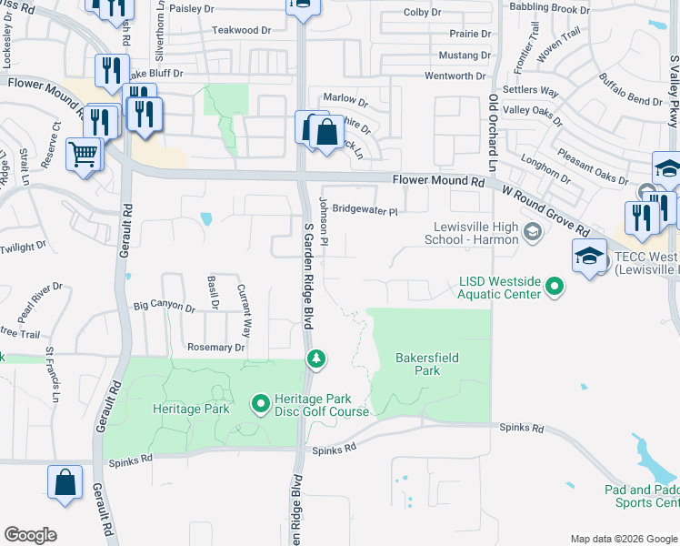 map of restaurants, bars, coffee shops, grocery stores, and more near 404 Winfield Circle in Flower Mound