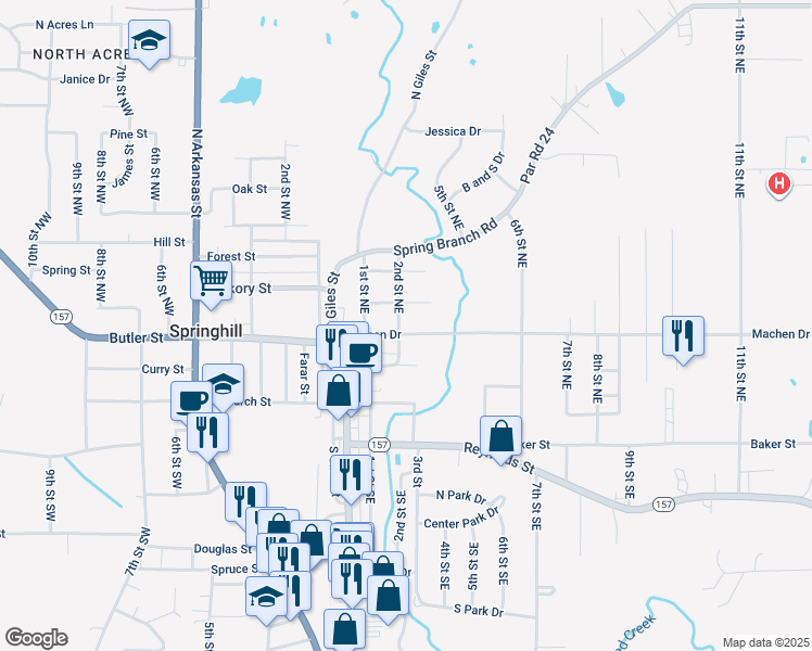 map of restaurants, bars, coffee shops, grocery stores, and more near 202 Machen Drive in Springhill