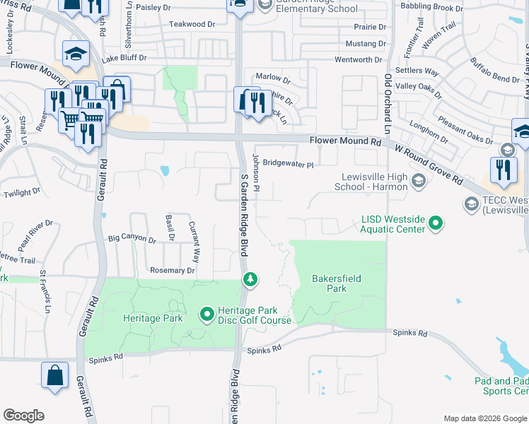 map of restaurants, bars, coffee shops, grocery stores, and more near 404 Winfield Circle in Flower Mound