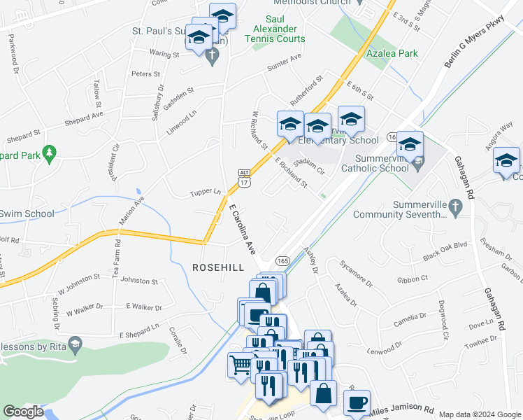 map of restaurants, bars, coffee shops, grocery stores, and more near 22 Legare Lane in Summerville