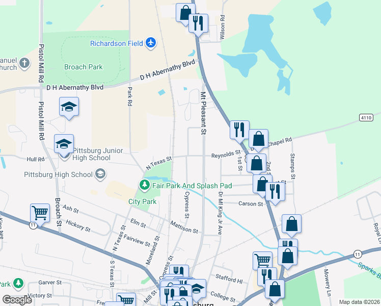 map of restaurants, bars, coffee shops, grocery stores, and more near 601 Cypress Street in Pittsburg