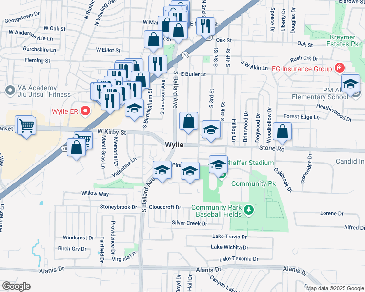 map of restaurants, bars, coffee shops, grocery stores, and more near 170 East FM 544 in Wylie