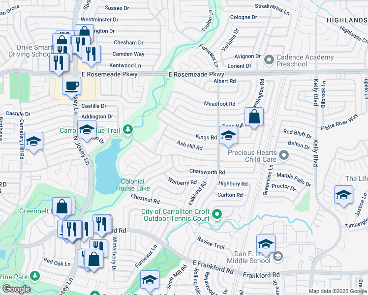 map of restaurants, bars, coffee shops, grocery stores, and more near 2020 Ash Hill Road in Carrollton