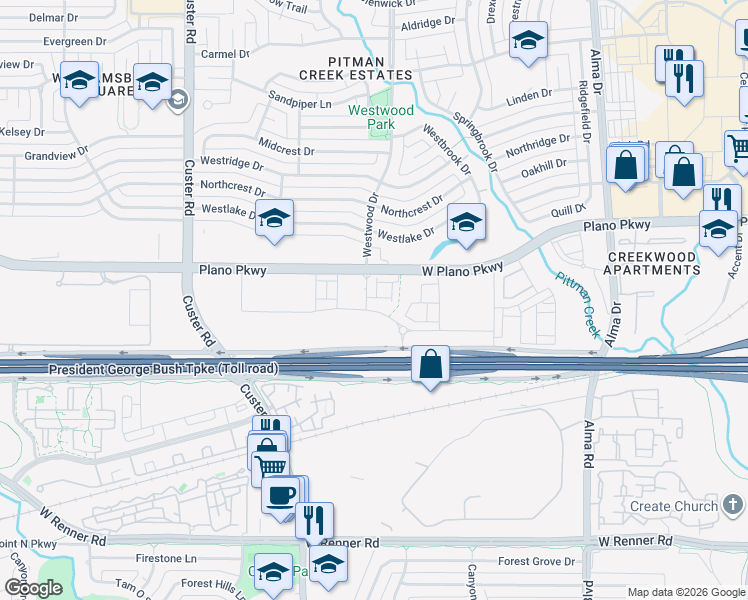 map of restaurants, bars, coffee shops, grocery stores, and more near 615 Collier Drive in Plano