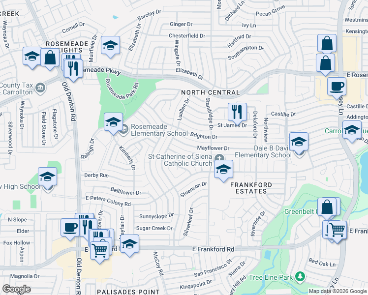 map of restaurants, bars, coffee shops, grocery stores, and more near 1612 Mayflower Drive in Carrollton