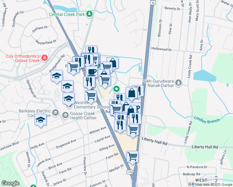 map of restaurants, bars, coffee shops, grocery stores, and more near 106 Central Avenue in Goose Creek