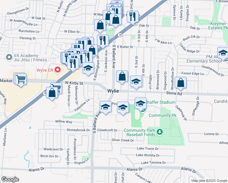 map of restaurants, bars, coffee shops, grocery stores, and more near E Stone Rd & S Ballard Ave in Wylie