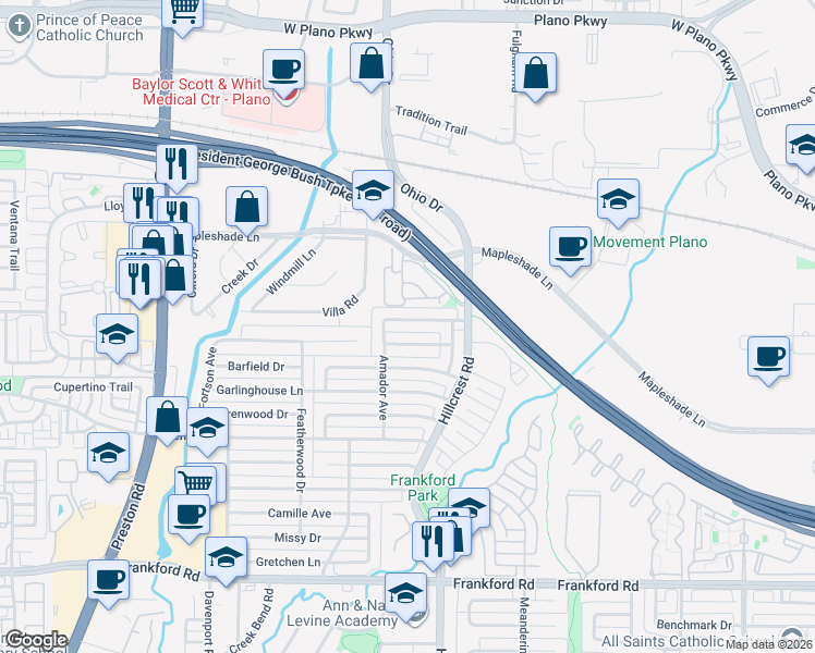 map of restaurants, bars, coffee shops, grocery stores, and more near 6715 Summer Meadow Lane in Dallas