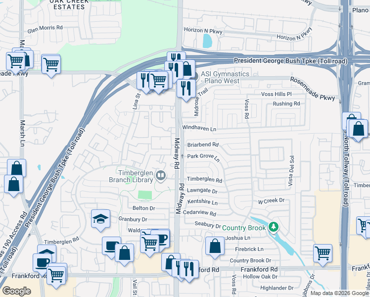 map of restaurants, bars, coffee shops, grocery stores, and more near 18848 Park Grove Lane in Dallas