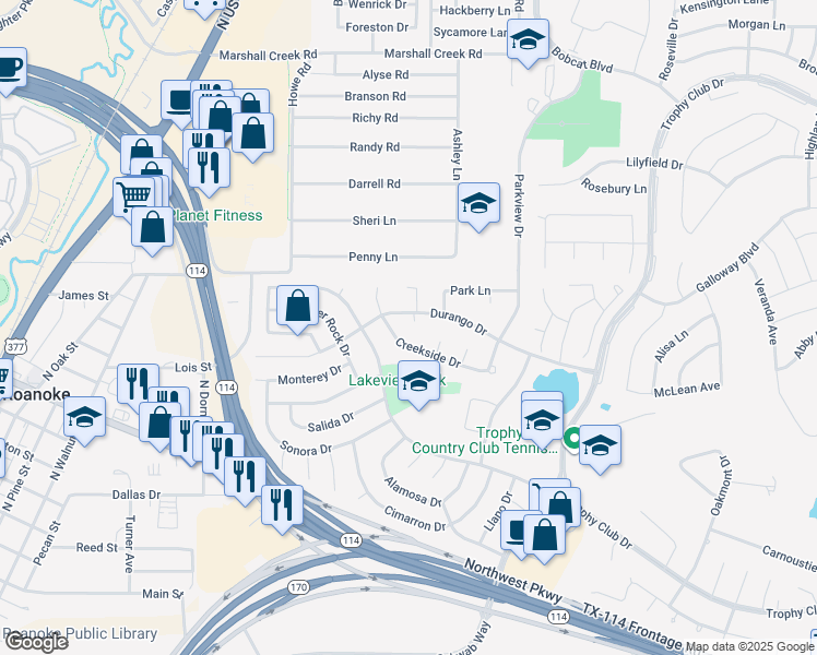 map of restaurants, bars, coffee shops, grocery stores, and more near 191 Durango Drive in Trophy Club