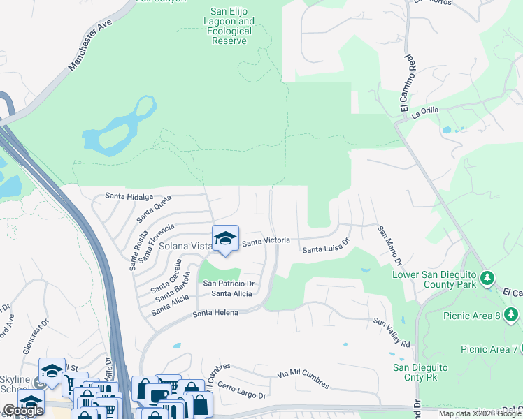 map of restaurants, bars, coffee shops, grocery stores, and more near 934 San Lorenzo Court in Solana Beach