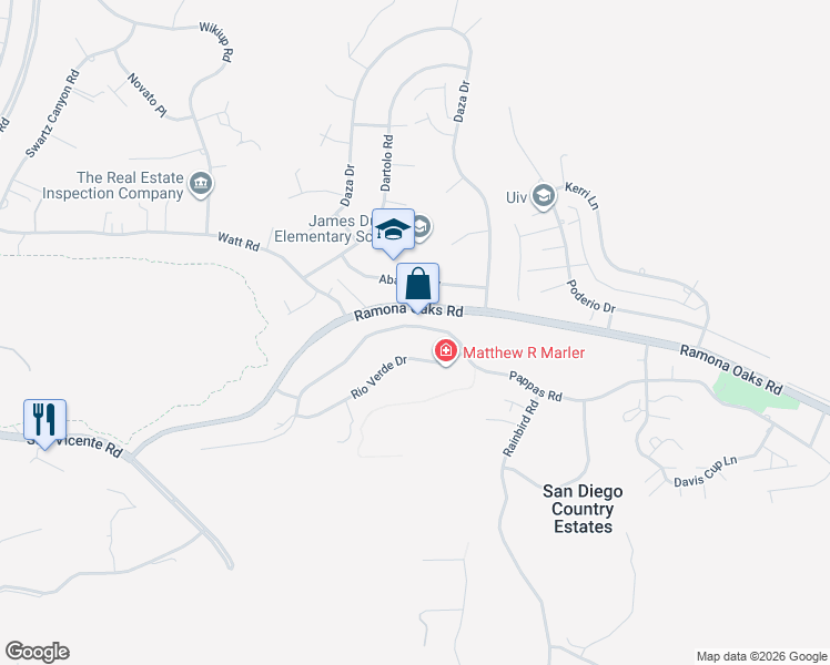 map of restaurants, bars, coffee shops, grocery stores, and more near 24911 Pappas Road in Ramona