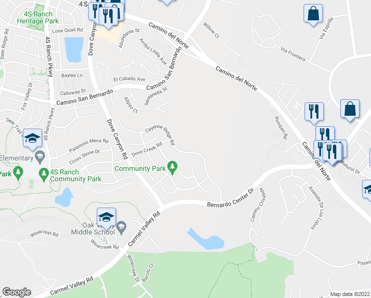 map of restaurants, bars, coffee shops, grocery stores, and more near 16123 Cayenne Ridge Road in San Diego