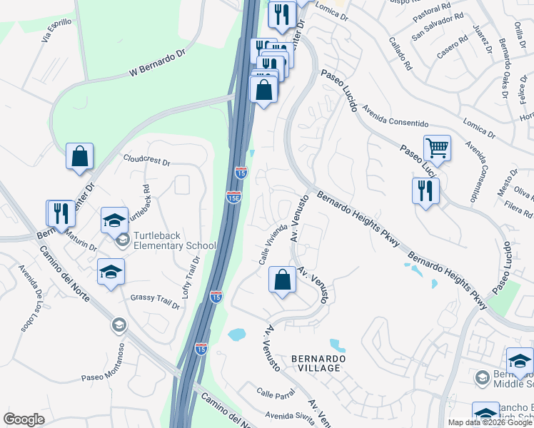 map of restaurants, bars, coffee shops, grocery stores, and more near 16041 Caminito De Las Noches in San Diego