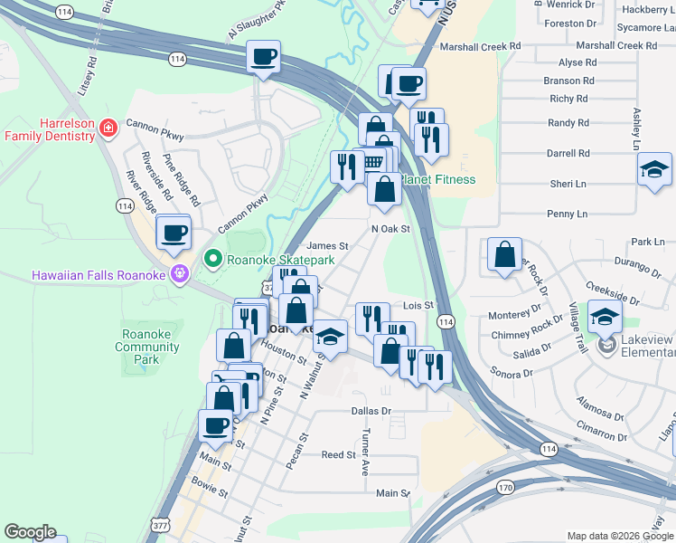 map of restaurants, bars, coffee shops, grocery stores, and more near 301 Lois Street in Roanoke