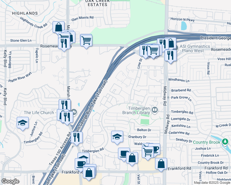 map of restaurants, bars, coffee shops, grocery stores, and more near 3773 Timberglen Road in Dallas