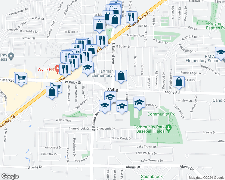 map of restaurants, bars, coffee shops, grocery stores, and more near in Wylie
