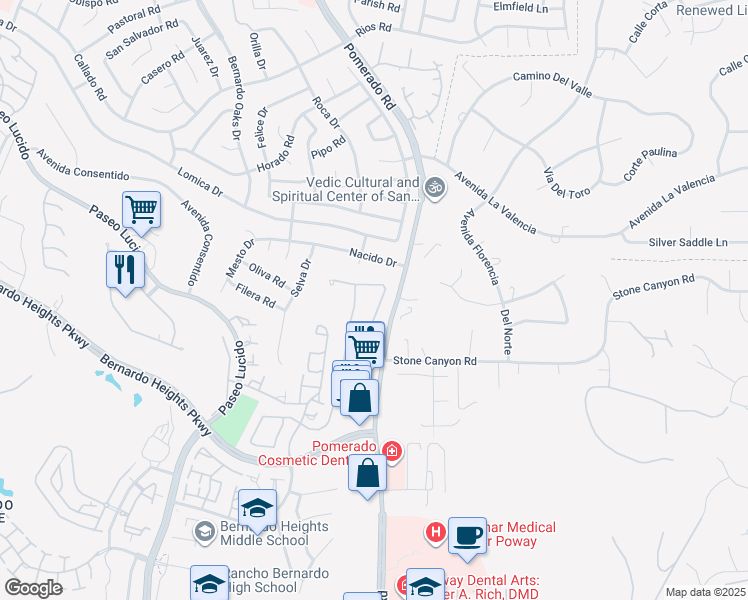 map of restaurants, bars, coffee shops, grocery stores, and more near 16078 Avenida Aveiro in San Diego