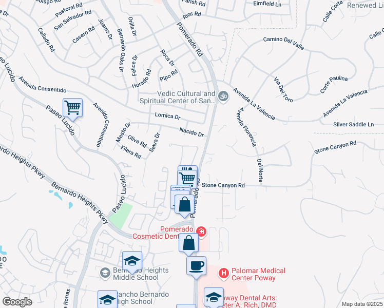 map of restaurants, bars, coffee shops, grocery stores, and more near 16078 Avenida Aveiro in San Diego