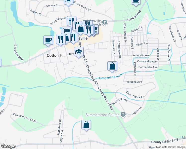 map of restaurants, bars, coffee shops, grocery stores, and more near 100 County Road S-18-541 in Summerville