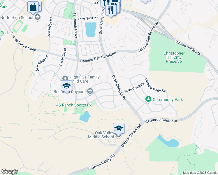 map of restaurants, bars, coffee shops, grocery stores, and more near 15177 Cross Stone Drive in San Diego