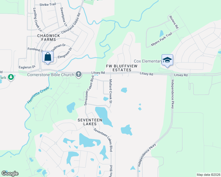 map of restaurants, bars, coffee shops, grocery stores, and more near 15309 Mallard Creek Street in Roanoke
