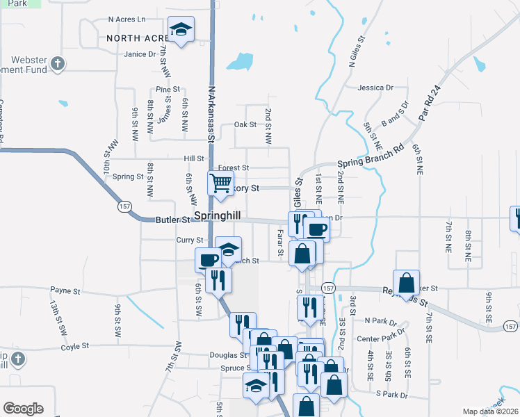 map of restaurants, bars, coffee shops, grocery stores, and more near 200 Butler Street in Springhill