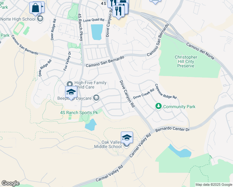 map of restaurants, bars, coffee shops, grocery stores, and more near 15177 Cross Stone Drive in San Diego