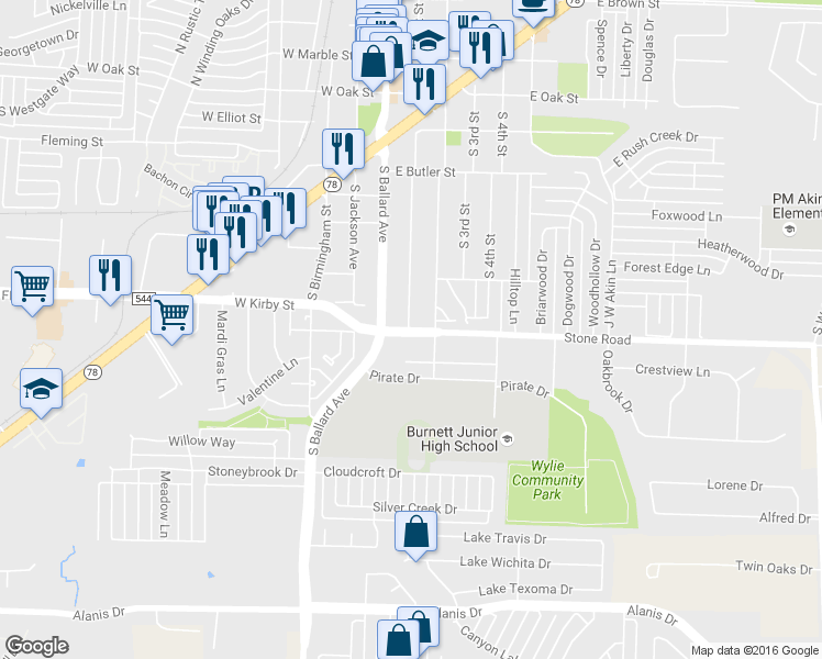 map of restaurants, bars, coffee shops, grocery stores, and more near 205 East Stone Road in Wylie