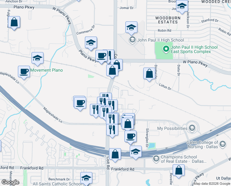 map of restaurants, bars, coffee shops, grocery stores, and more near 500 Coit Road in Plano